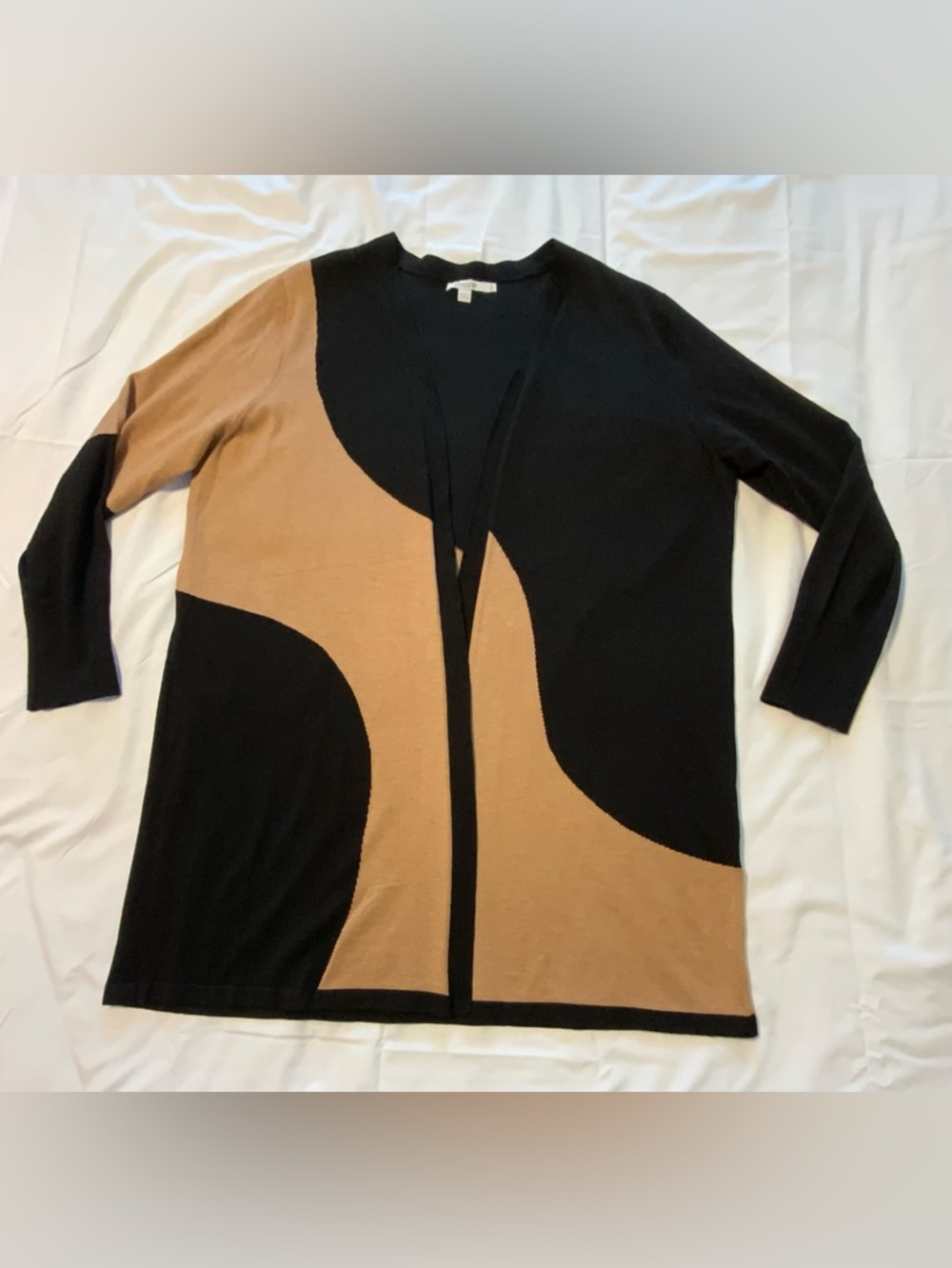 Chicos Black and Camel Colorblock Open Front Women's Long Cardigan Size 3